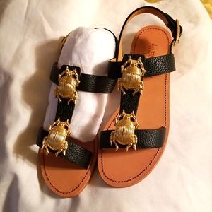 New Annabel Ingall Leather Flat Sandals Beetle Bugs Gold Tone Hardware Australia